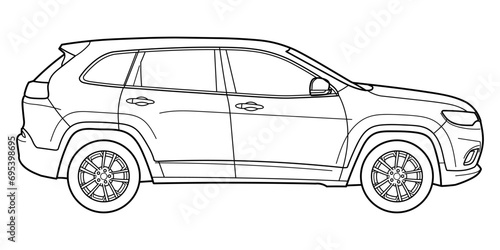 Classic luxury suv car. Crossover car front view shot. Outline doodle vector illustration. Design for print, coloring book