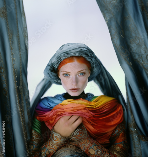 beautiful close-up of a red-haired girl with a blue headdress and coloured fabric shawl