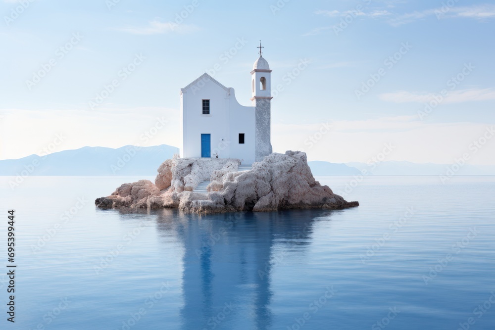  a small white church sitting on top of a rock in the middle of a body of water with mountains in the back ground and a blue sky with white clouds.