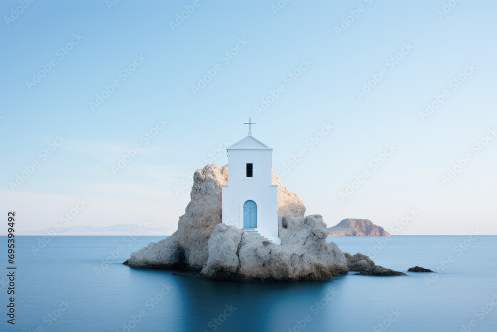  a small white church sitting on top of a rock in the middle of a body of water with a cross on the top of the rock in the middle of the picture.
