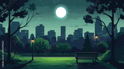 minimalistic vector illustration of an urban park bathed in moonlight, with a solitary park bench and a tree in the center. moonlit park greens, urban grays, and peaceful cityscape