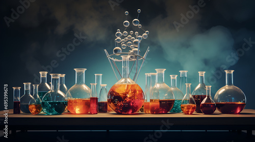 laboratory test tube and glassware on blue background photo