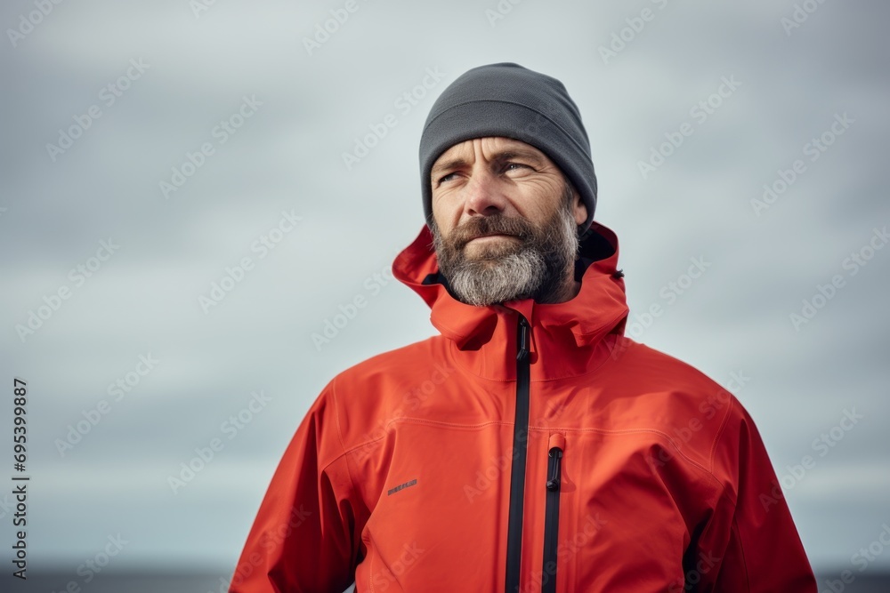 Portrait of a merry man in his 40s wearing a windproof softshell against a serene seaside background. AI Generation Portrait of a merry man in his 40s wearing a windproof softshell against a serene seaside background. AI Generation