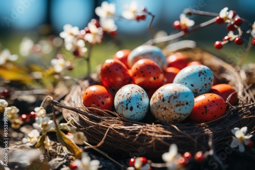  a nest filled with eggs sitting on top of a bed of grass next to white and red flowers and a blue sky in the background with a few white flowers in the foreground.