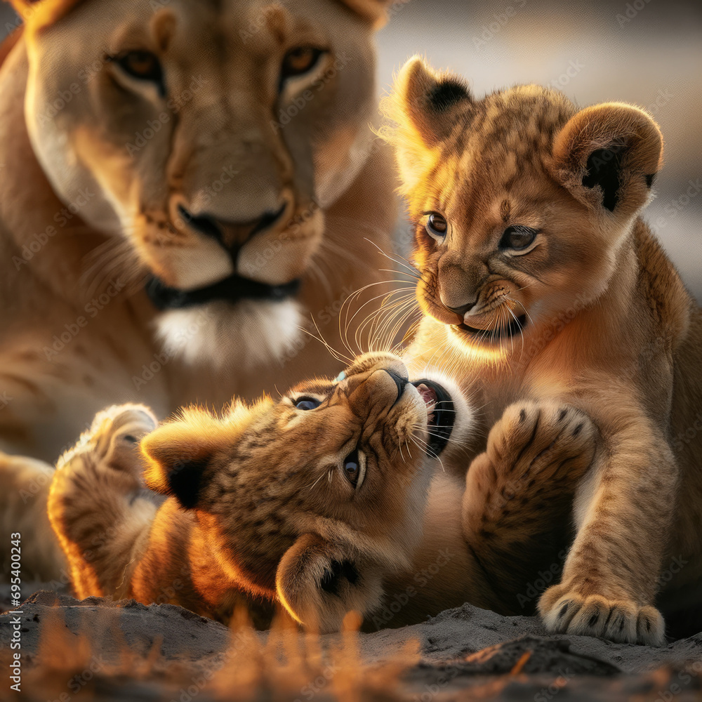 Fototapeta premium A close-up of two lion cubs wrestling under the watchful eye of the lioness