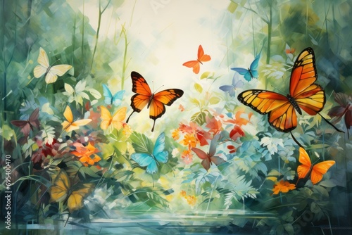  a painting of two orange butterflies flying over a lush green forest filled with wildflowers and a stream of water in front of a yellow sky with white clouds.