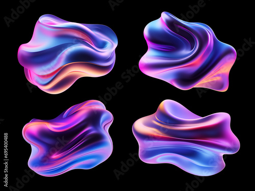 Colorful wavy melted liquid 3D shapes isolated. Neon holographic distorted fluid shape. Ai generated