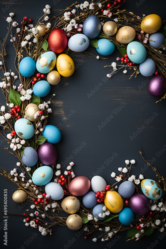 easter wreath of easter eggs and flowers on dark backgrounnd 