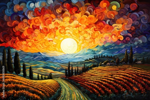  a painting of a sunset over a field with a road in the foreground and trees on the other side of the field, and the sun in the distance.