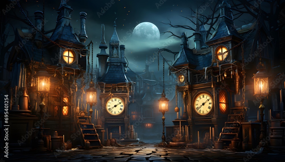 Halloween night landscape with old town. Digital painting. Vector illustration.