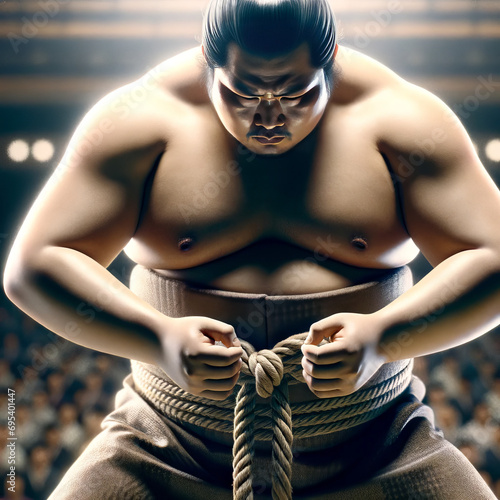 An Adobe Stock best-selling style image of a sumo wrestler in the dohyō ring, capturing a moment of intense focus. photo