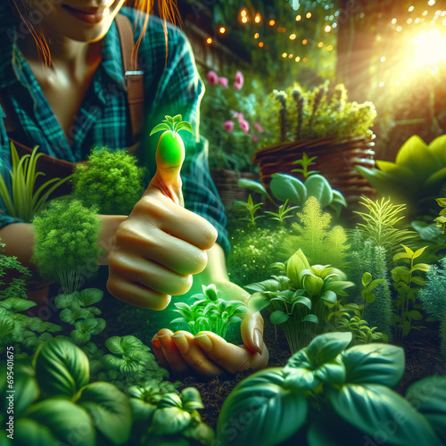A gardener in a lush garden, her thumb literally glowing green as vibrant plants sprout from it. photo