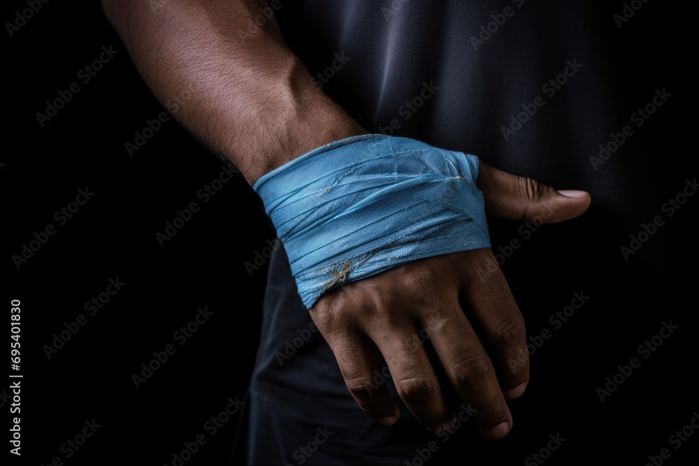 A young, muscular man in a gym, his hand wrapped in an elastic bandage, demonstrating dedication to fitness, health, and injury prevention during an intense boxing workout