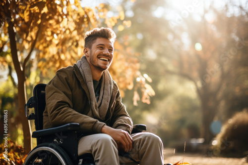 A determined young man in a wheelchair enjoying the freedom of an outdoor park, showcasing his positive attitude towards life despite facing mobility challenges photo