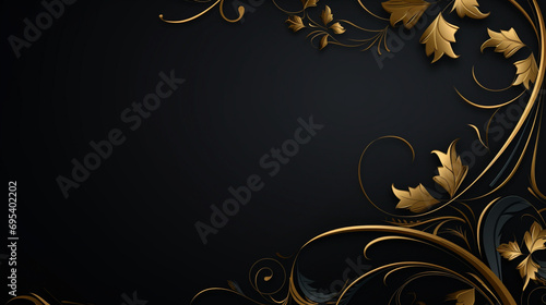 Fond d'un mur noir, texture ardoise, avec des ornements végétaux dorées, en or. Ambiance sombre. Arrière-plan pour conception et création graphique. photo