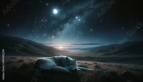 A photorealistic image of a serene night scene with a wolf resting under the stars, envisioned as a bestseller on Adobe Stock. photo