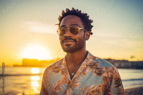 Portrait of a happy afro-american man in his 30s donning a trendy cropped top against a stunning sunset beach background. AI Generation
