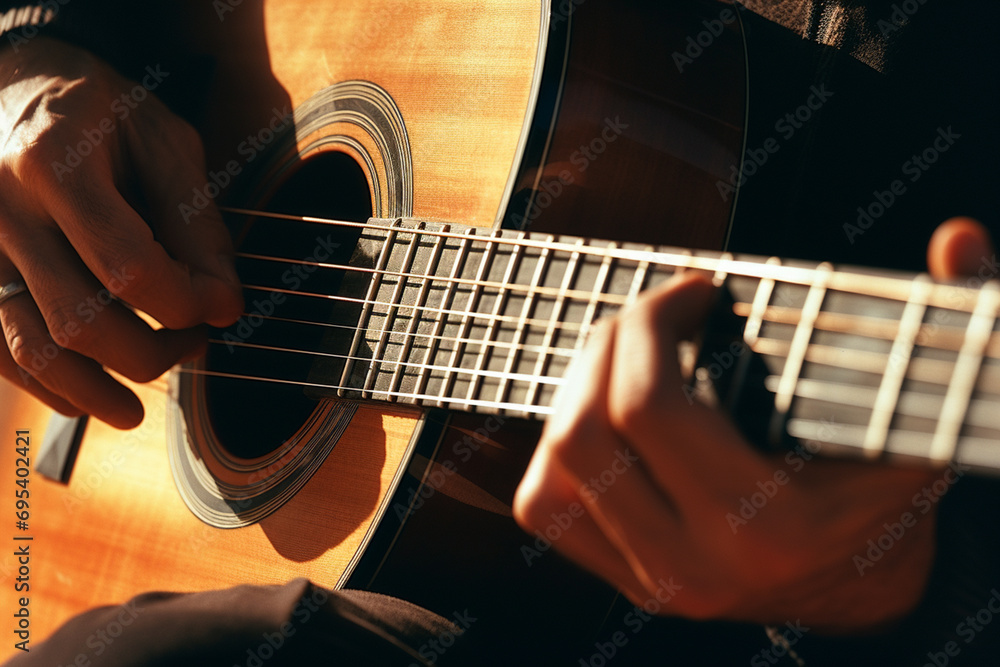 Fototapeta premium Close-up of a person playing an acoustic guitar, with abstract visual elements symbolizing the harmony and resonance of acoustic strings.