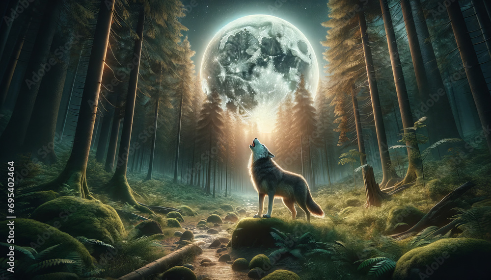 A photorealistic image of a wolf howling at the moon in a mystical forest setting, envisioned as a bestseller on Adobe Stock. - obrazy, fototapety, plakaty 