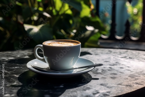 art coffee on marble background, cup of coffee with Love. Hot cappuccino with streamed milk. Pour the hot milk made a heart.