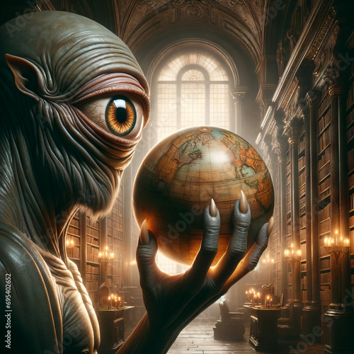 A cyclops examining a globe, set in an ancient library photo