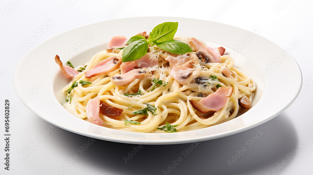 delicious pasta with sour cream and ham, AI Generative. delicious pasta with sour cream and ham, AI Generative.
