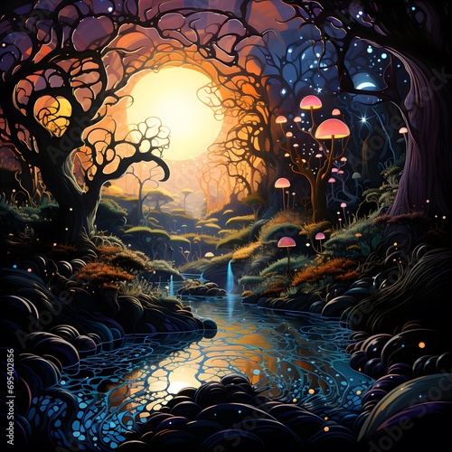 Fantasy landscape with fantasy forest and waterfall - illustration for children.