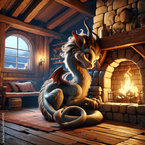 A chimera curled around a fireplace, set in a whimsical, animated art style.