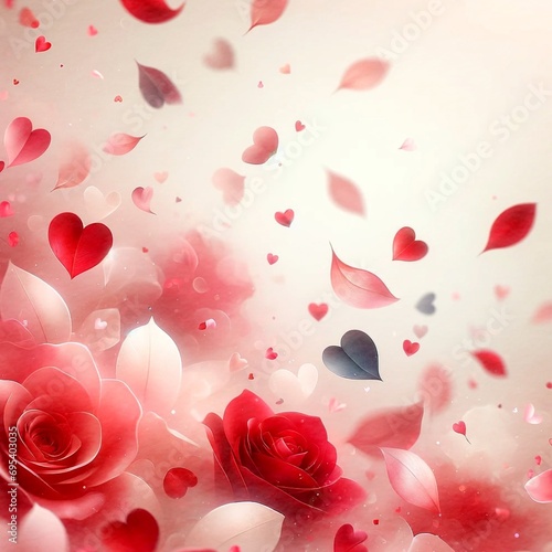 Valentine’s Day background in a watercolor style, featuring floating rose petals and small hearts.