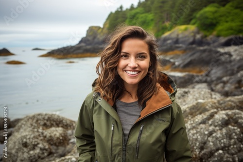 Portrait of a cheerful woman in her 30s wearing a trendy bomber jacket against a peaceful tide pool background. AI Generation
