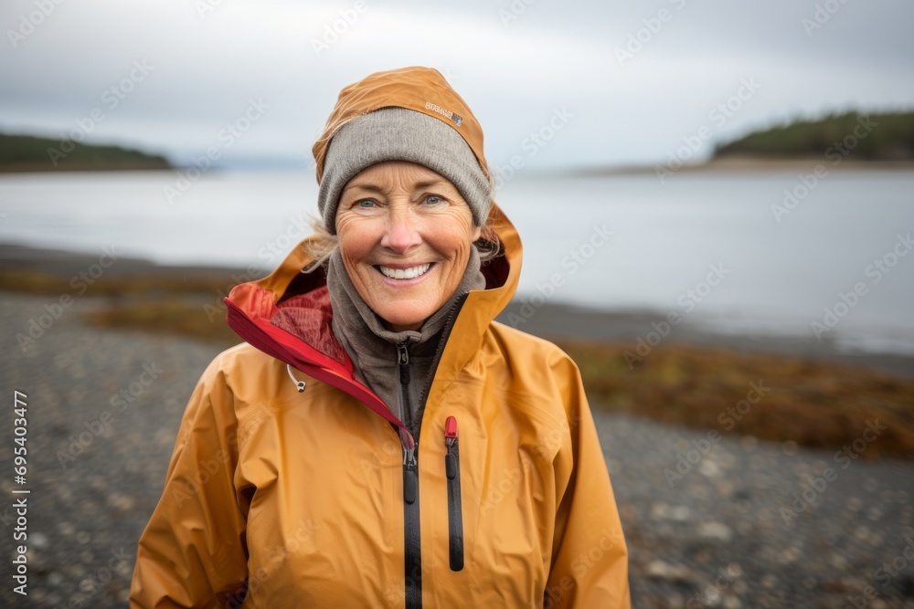Portrait of a happy woman in her 60s sporting a waterproof rain jacket against a peaceful tide pool background. AI Generation Portrait of a happy woman in her 60s sporting a waterproof rain jacket against a peaceful tide pool background. AI Generation