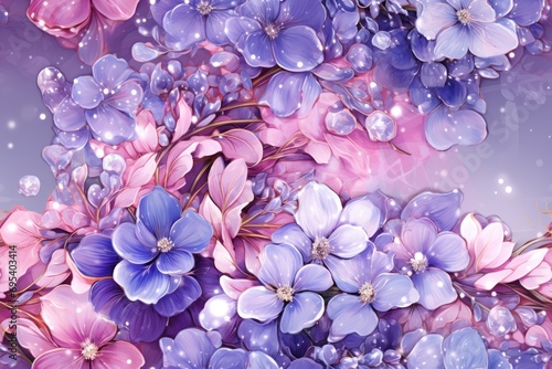  a painting of purple and pink flowers on a blue and purple background with bubbles in the air and water droplets on the bottom of the petals and bottom of the flowers.