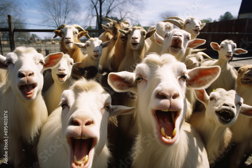 A group of goats engaged in a guffawing gala, providing a lively and humorous image for a range of creative endeavors.