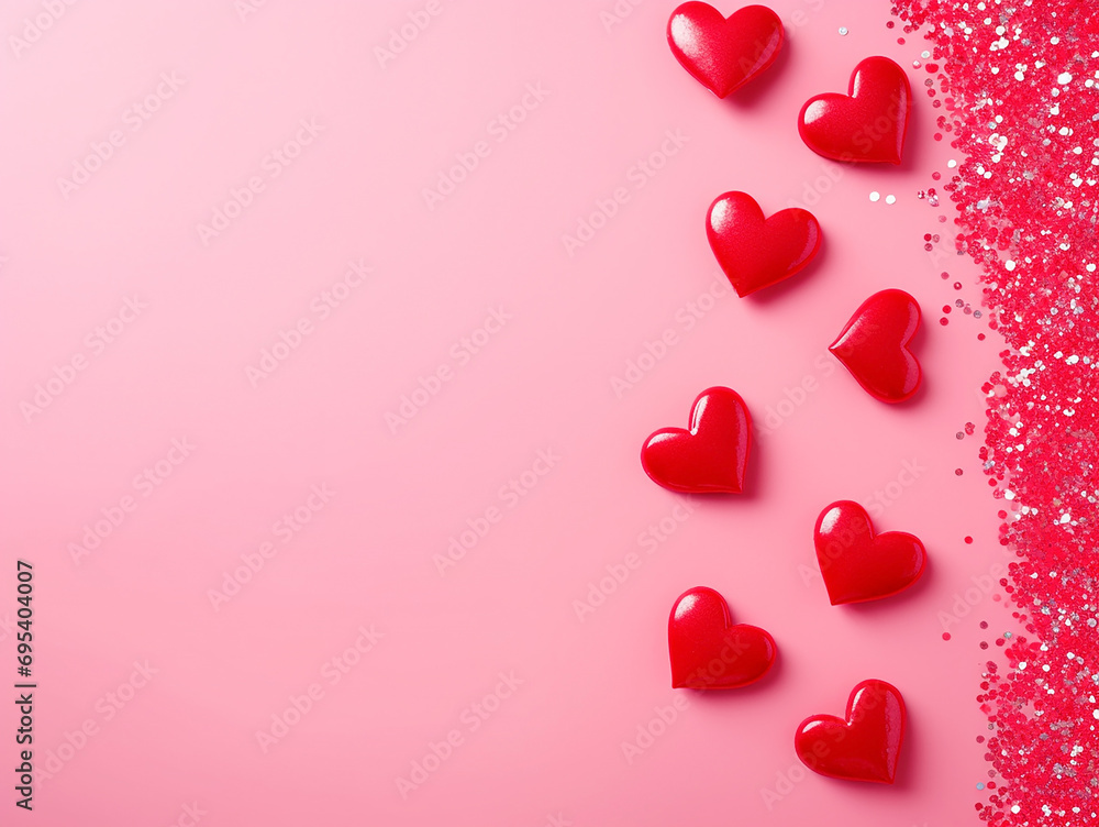 Red shiny hearts on a pink background