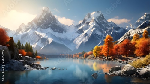 panoramic view of alpine lake in autumn with snow mountain
