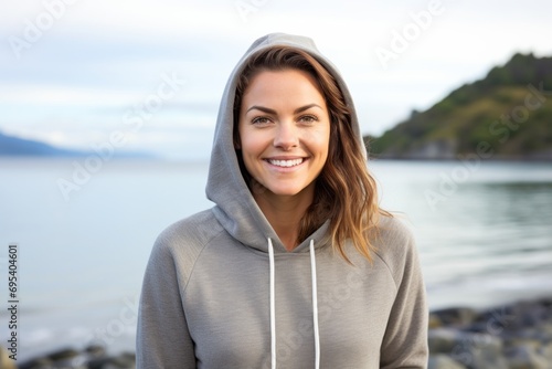 Portrait of a smiling woman in her 30s sporting a comfortable hoodie against a calm bay background. AI Generation © Markus Schröder