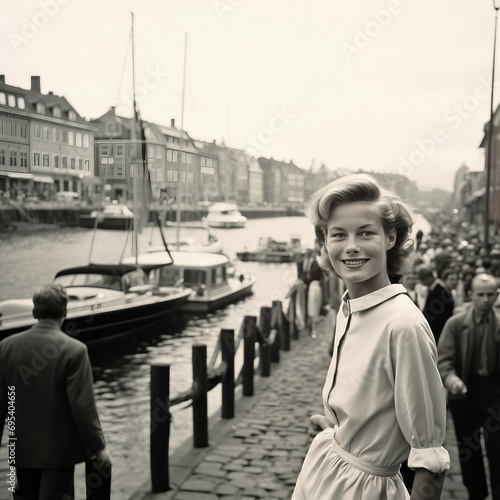 a black and white photo of a woman standing in front of a harbor