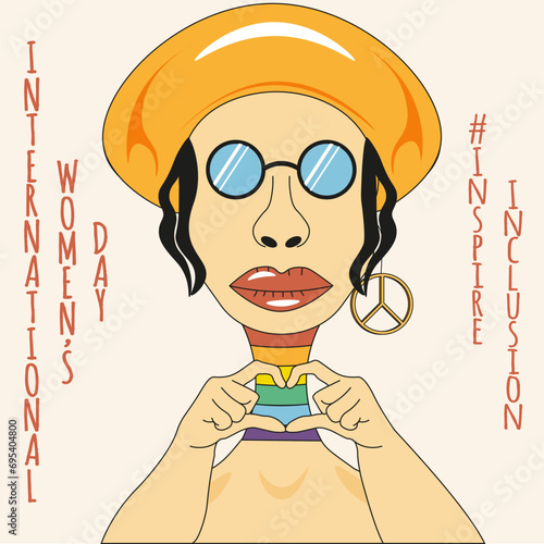 Design banner with Woman portrait with symbol Inspire Inclusion. Internation Women's Day poster template in trendy Groovy style. Vector illustration can used web and social media banner. Hippie 70s 60