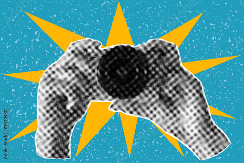 Halftone collage banner, hands holding camera on yellow explosion background, green textured background. Elements cut out from a magazine, photographer.