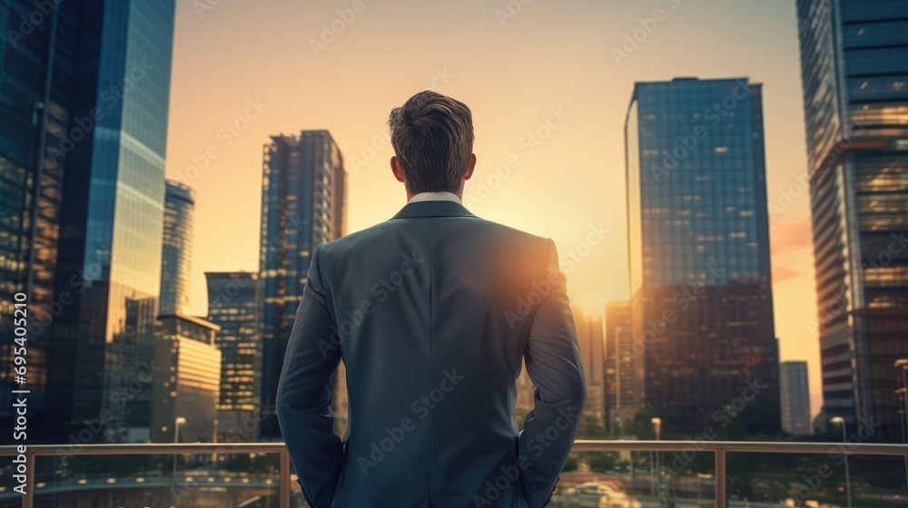 Fototapeta premium Cityscape Confidence: Businessman Embracing Modern Life by Skyscraper
