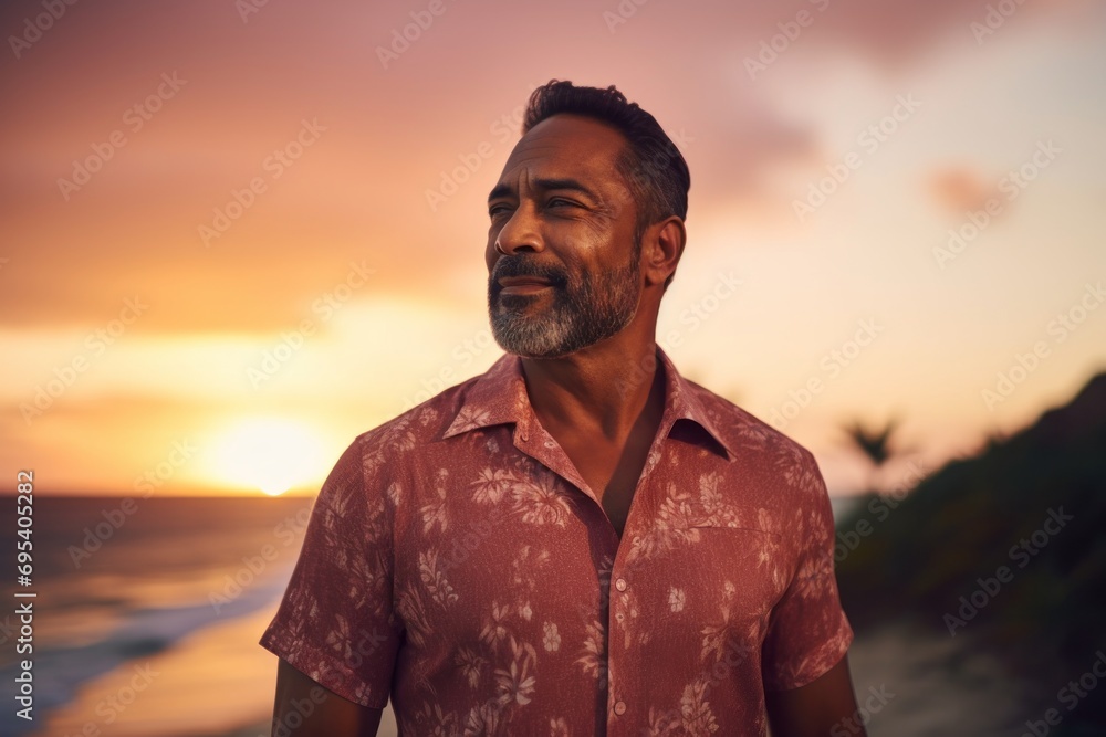 Portrait of a blissful indian man in his 40s donning a classy polo shirt against a vibrant beach sunset background. AI Generation Portrait of a blissful indian man in his 40s donning a classy polo shirt against a vibrant beach sunset background. AI Generation