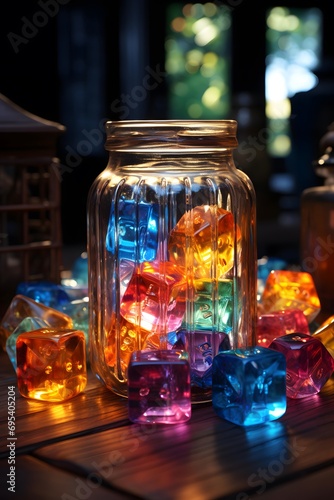 Glass jar with colorful crystals on the wooden table in the dark.