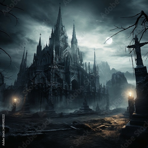 a gothic castle in the middle of the night