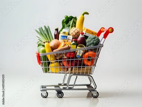 shopping cart full of groceries on white background, panoramic shot