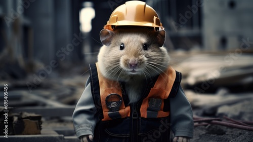 hamster in safety clothes working on a construction site