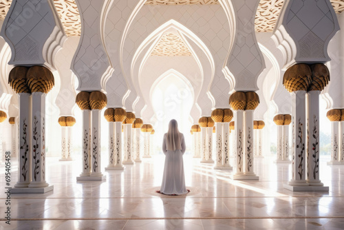 White columns in an Islamic mosque and a woman in white clothes