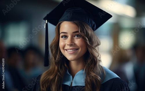 graduate in a cap and gown with a blurred backdrop of graduates