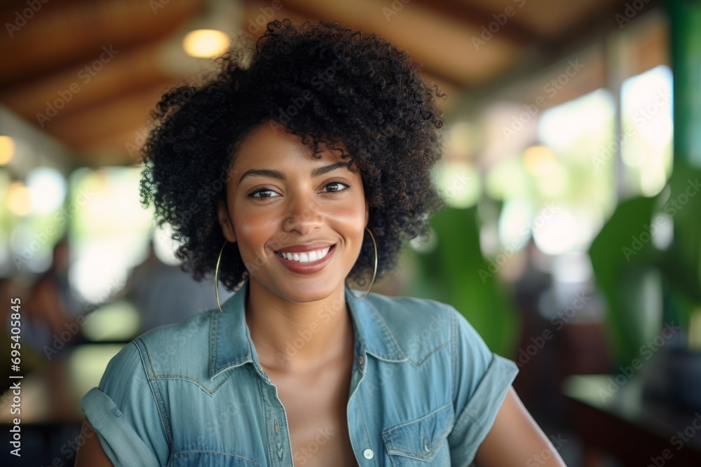 Portrait of a blissful afro-american woman in her 40s sporting a versatile denim shirt against a tropical beach bar background. AI Generation Portrait of a blissful afro-american woman in her 40s sporting a versatile denim shirt against a tropical beach bar background. AI Generation