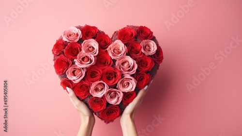 Heart shaped bouquet of red and pink roses on a solid color ona. Woman's hands holding a bouquet of roses photo