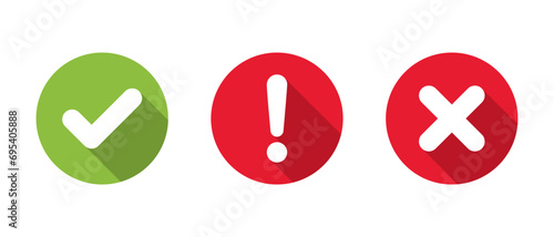 Checkmark, exclamation, and cross mark icon with long shadow. Check, warning, and x symbol vector